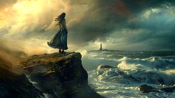 Frau auf Klippe in der Nähe von tosendem Meer und Leuchtturm von Jan Bechtum