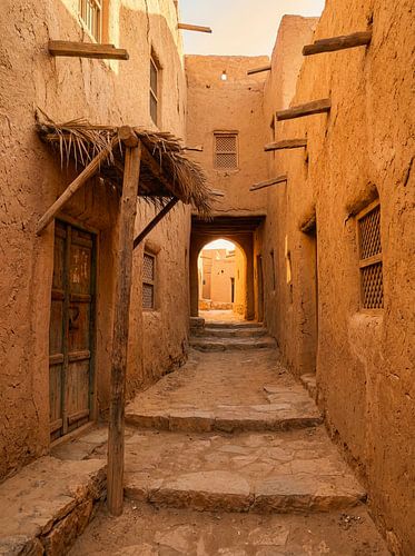 A cosy alleyway with an archway and mud-brick houses