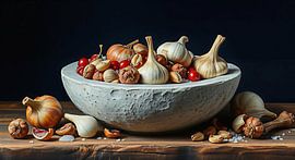 Nature morte d'un bol en pierre blanche avec des épices. sur J.a Dijkstra