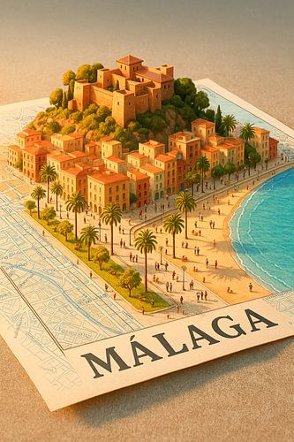 Malaga Alcazaba & Strand 3D Kaart - Costa del Sol Muur Art