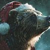 Ours avec bonnet de père Noël Portrait d'hiver dans la nuit sur Eva Lee