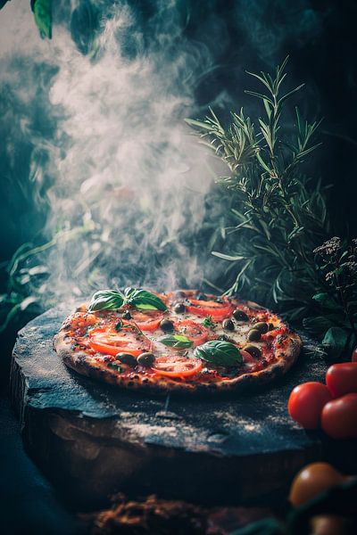 Rauchende Pizza mit frischen Kräutern von Poster Art Shop