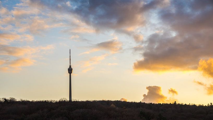 Allemagne, Célèbre tour de télévision de la ville de Stuttgart dans la forêt au coucher du soleil par adventure-photos