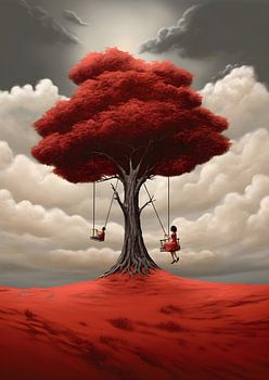 Mädchen auf Schaukeln, großer roter Baum, Surrealismus
