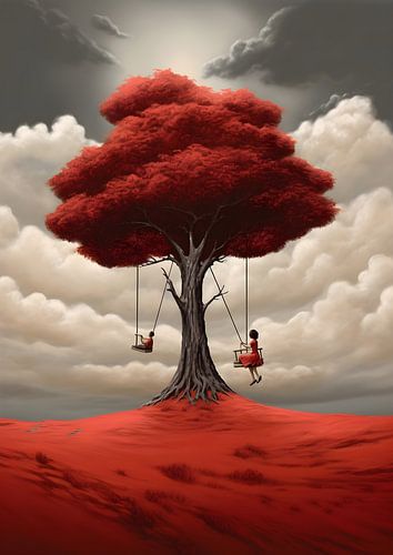 Mädchen auf Schaukeln, großer roter Baum, Surrealismus