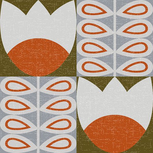 Retro 70s vintage geïnspireerde kunst met gestileerde bloemen en bladeren in oranje, groen, grijs en