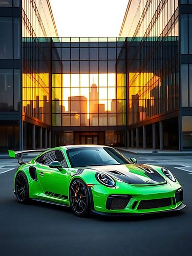 Porsche 911 GT3 RS Groen met zwarte strepen op modern gebouw