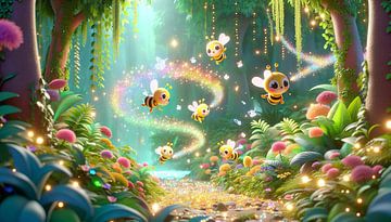 Danse des abeilles incandescentes dans la lumière enchantée de la forêt sur artefacti