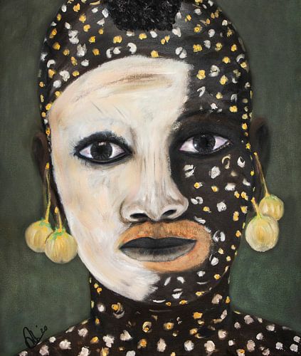 Painting of African girl with skin painting in oil paint