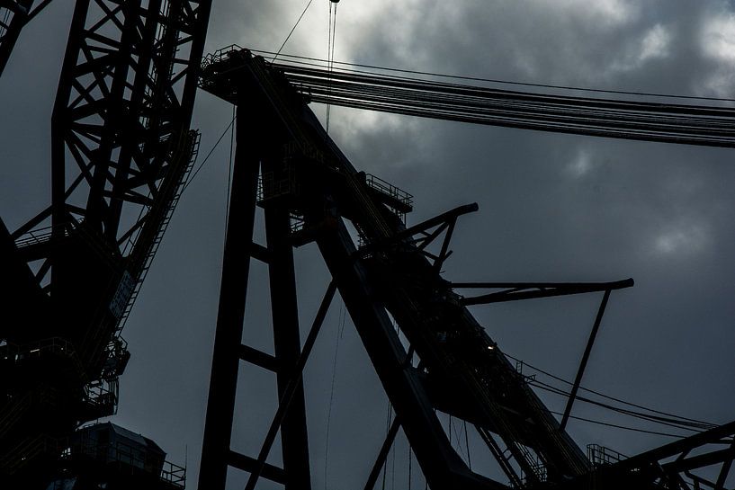 Machtige kranen in de haven reusachtige silhouette. van scheepskijkerhavenfotografie