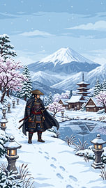 Pixelkunst: Der einsame Samurai in einem verschneiten japanischen Dorf, der den stillen Pfad unterhalb des Fuji bewacht, während der Winterschnee sanft fällt von my pixel art
