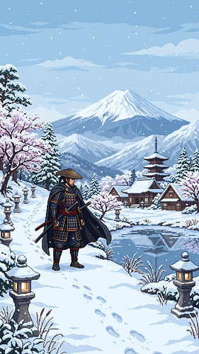 Pixel Art : Le samouraï solitaire dans un village japonais enseveli sous la neige, gardant le sentier silencieux au pied du mont Fuji tandis que la neige tombe doucement en cet hiver