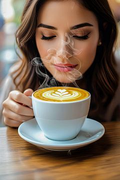 woman with hot cup of cappuccino by Egon Zitter