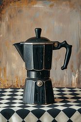 Kaffee - Perkolator - schwarz auf kariertem Tischtuch