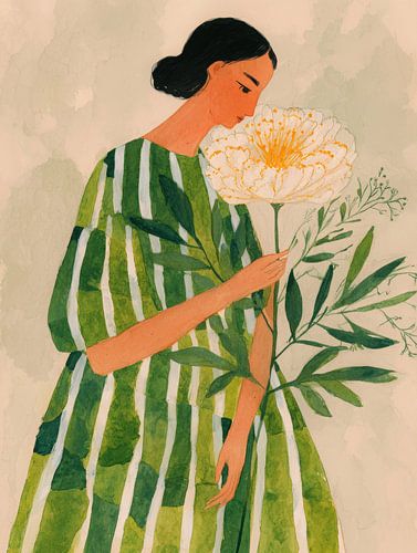 Woman with green dress and large white flower
