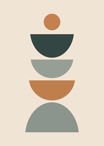 Minimalistische, platte, abstracte illustratie van op elkaar gestapelde geometrische halve cirkels en een cirkel in bohemienstijl.