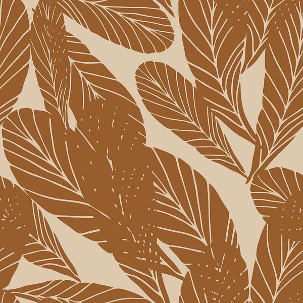 Boho style leaves in retro colors. Modern botanical art in terra on beige by Dina Dankers