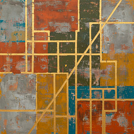 Abstraktes geometrisches Kunstwerk mit goldenen Linien und verwitterten Flächen von STUDIO ARTSY