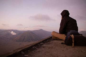 De Backpacker Kijkend naar Mount Bromo - Java, Indonesië van Thijs van den Broek