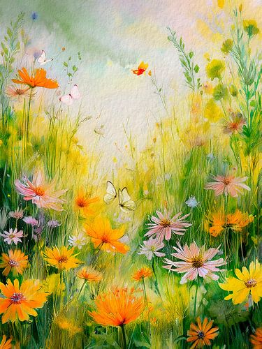 Lente! Bloemen en vlinders in het gras