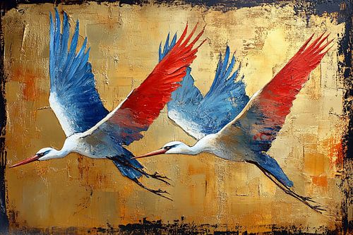 schilderachtige japanse kunst kraanvogels vliegen