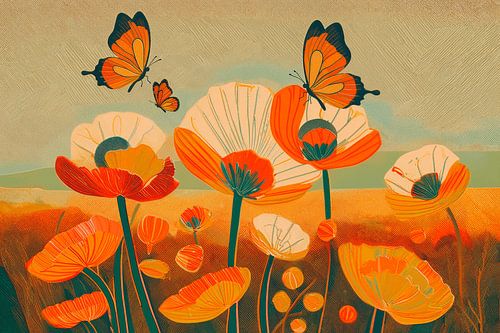 Summer heat: Butterflies above a poppy field in Art Deco style