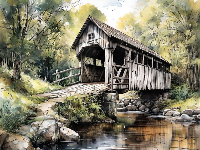 Zomers Rustiek: Houten Overdekte Brug in Zomerlandschap van Retrotimes