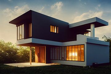 modern huis bij zonsondergang illustratie van Animaflora PicsStock