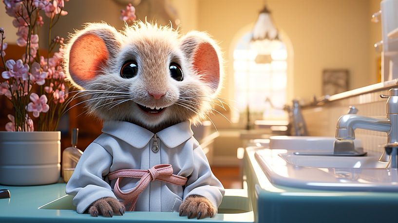 souris mignonne avec peignoir dans la salle de bain au lavabo par Animaflora PicsStock