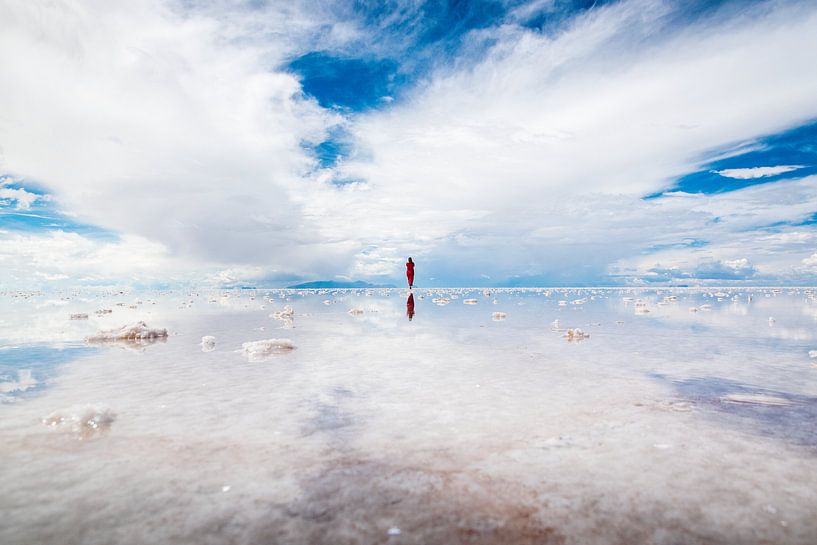 Bolivia, Salar de Uyuni, Zoutvlakte spiegelbeeld van Jelmer Laernoes