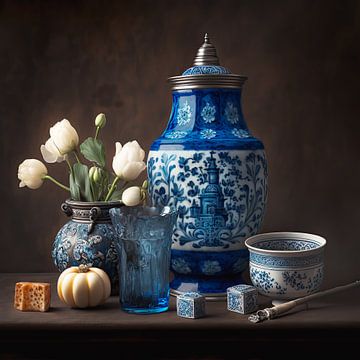 Delfter Blau antikes Stilleben mit weißen Tulpen von Vlindertuin Art
