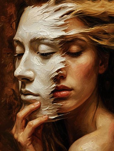 Surrealistisch Vrouwenportret met Geschilderd Masker - Expressieve Olieverfschilderij Muurkunst
