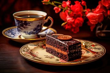 Stilleven met koffie en taart – warm en sfeervol keukenkunstwerk in zachte tinten van Joriali fotografie en schilderijen