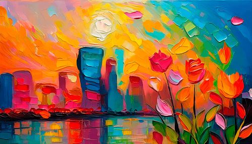 Skyline urbain abstrait et moderne avec des tulipes au coucher du soleil