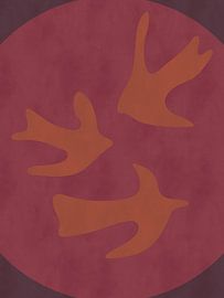 Moderne, abstracte boho-wanddecoratie met vogels en een zon in warme kleuren van Dina Dankers
