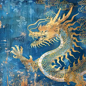 Dragon vintage doré sur fond bleu