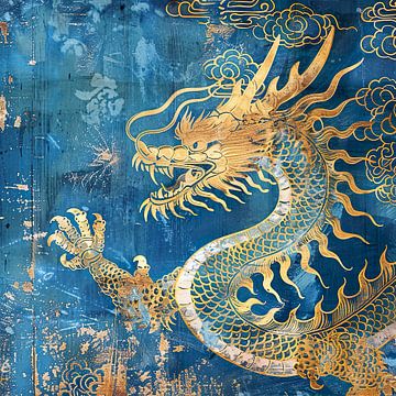 Vintage gouden draak op blauwe achtergrond van Lauri Creates
