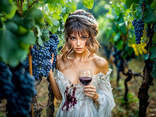 bruid met wijnglas op een pad door de wijngaard