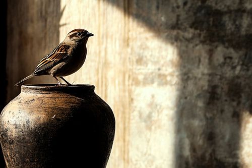 Vogel op rustieke pot