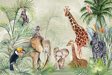 Jungle dieren olifant, giraffe, aap, zebra en vogels van Geertje Burgers