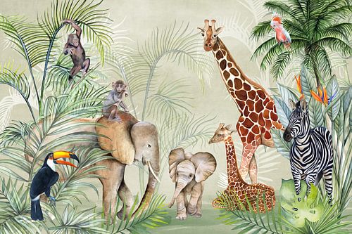 Dschungeltiere Elefant, Giraffe, Affe, Zebra und Vögel von Geertje Burgers