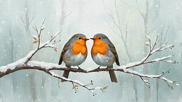 Winter! Robins on a snowy branch by Studio Pieternel