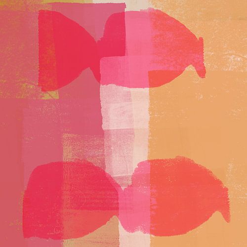 Rode vormen op geel en roze. Moderne abstracte kunst.