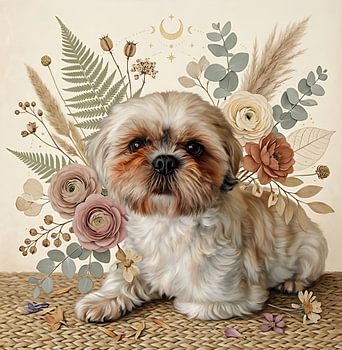 Shih Tzu dans une ambiance botanique élégante – Portrait de chien bohème