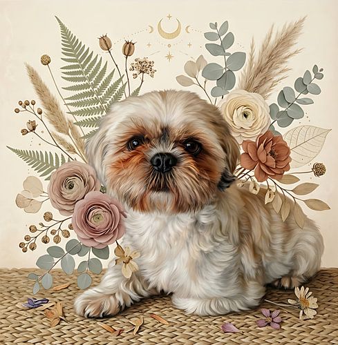 Shih Tzu in Botanical Elegance – Boho Dog Portrait