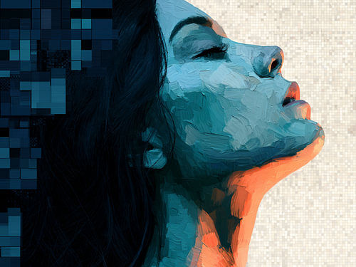 Résumé : Portrait de femme en bleu et orange