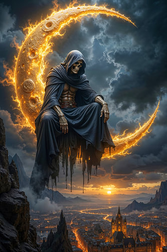 Dark Fantasy Décoration Murale: LUNMORTIS - Une Faucheuse est assise sur la lune et observe le monde sur INFERAURUM - Dark Fantasy Wall Art