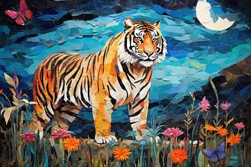 Nacht Tiger Mosaik | Tiger Kunstwerk von Wunderbare Kunst