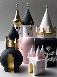 Miniaturlandschaft Porzellan weiß schwarz rosa gold Häuser Bäume