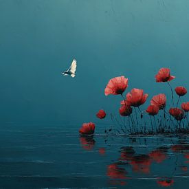 Panorama de fleurs rouges et d'oiseaux blancs en mer sur TheXclusive Art
